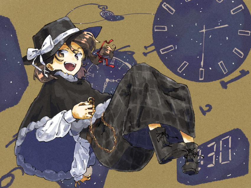 1girl beige_background black_footwear black_skirt boots bow brown_hair capelet clock fedora floating hat hat_bow hat_ribbon nama_udon open_mouth ribbon skirt touhou usami_renko watch white_bow