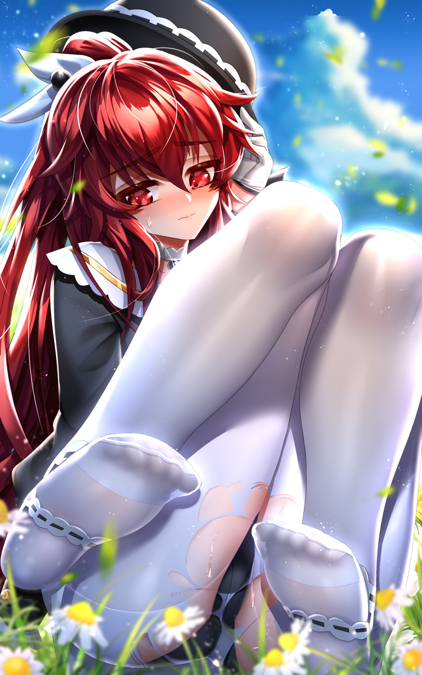 1girl absurdres bag been black_panties black_shirt blue_background bow choker closed_mouth daisy day elesis_(elsword) elsword eyebrows_visible_through_hair flower hair_between_eyes hair_bow highres jewelry long_hair looking_at_viewer outdoors panties pantyhose pendant red_eyes redhead shiny shiny_hair shirt sitting smile solo sparkle tied_hair torn_clothes torn_legwear underwear very_long_hair white_bow white_choker white_flower white_legwear