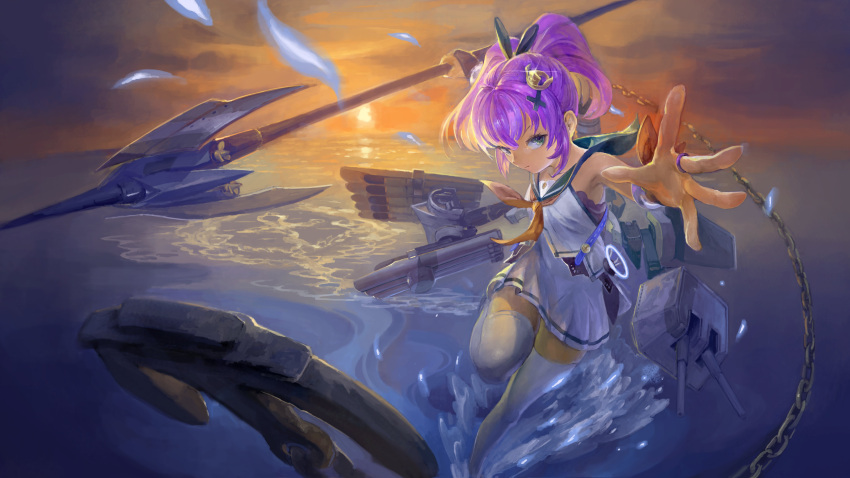 1girl absurdres anchor azur_lane bangs black_gloves blue_eyes blue_sailor_collar chain closed_mouth douzen dress fingerless_gloves gloves hair_ornament highres holding holding_weapon javelin_(azur_lane) leg_up neckerchief ocean outdoors polearm ponytail purple_hair red_neckwear retrofit_(azur_lane) rigging sailor_collar sailor_dress sleeveless sleeveless_dress solo thigh-highs water weapon white_dress white_legwear