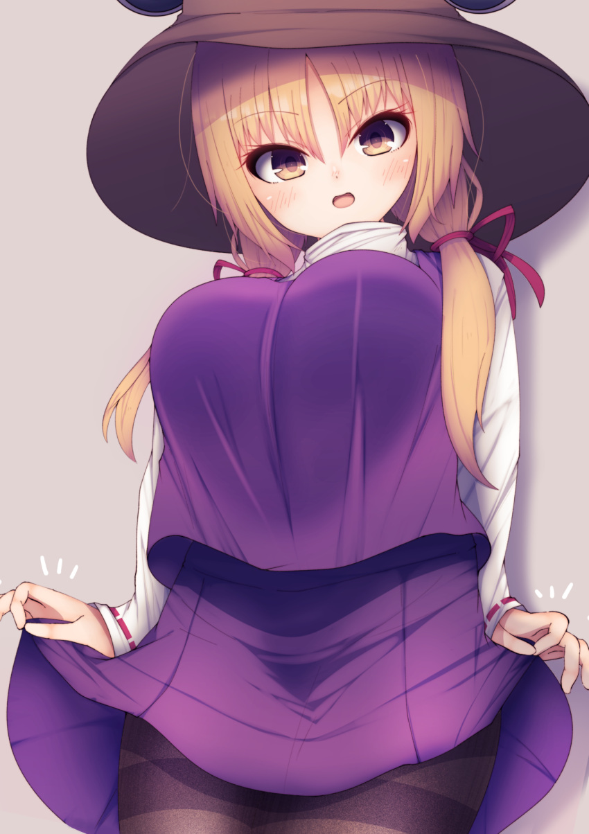1girl alternate_breast_size black_legwear blonde_hair blush breasts brown_eyes brown_headwear commentary_request darumoon eyebrows_visible_through_hair hair_ribbon hat highres large_breasts long_sleeves looking_at_viewer looking_down moriya_suwako open_mouth pantyhose purple_skirt purple_vest ribbon short_hair_with_long_locks simple_background skirt skirt_hold solo tights_day touhou vest white_sleeves
