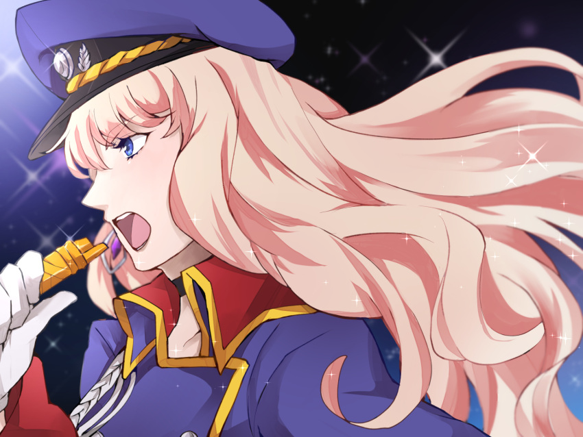 1girl blonde_hair blue_eyes floating_hair from_side hat highres holding holding_microphone kisa_(kisa-kisa5900) macross macross_frontier microphone music open_mouth sheryl_nome singing solo