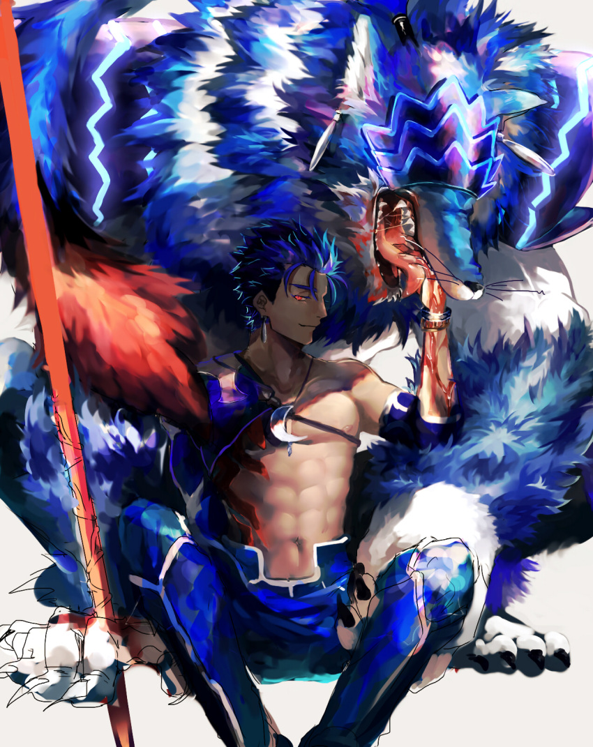 1boy 1other abs beads blood blue_hair bodypaint bracelet claws closed_mouth crescent_necklace cu_chulainn_(fate)_(all) detached_sleeves dog earrings fate/grand_order fate/kaleid_liner_prisma_illya fate/stay_night fate_(series) fur furry gae_bolg hair_beads hair_ornament highres jewelry lancer lancer_(prisma_illya) licking looking_at_viewer male_focus mask muscle nipples pants ponytail red_eyes saliva shirtless short_hair sitting slit_pupils smile spiky_hair strap teeth tongue type-moon whiskers wolf yuu_(guruko)