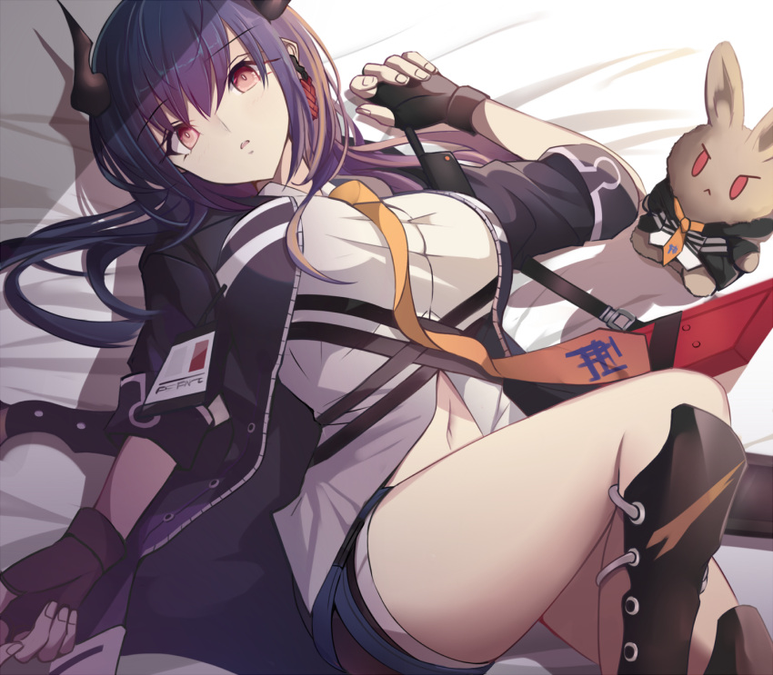 1girl arknights bangs bed_sheet black_gloves black_jacket breasts ch'en_(arknights) commentary dragon_horns eyebrows_visible_through_hair feet_out_of_frame gloves hair_between_eyes hand_up highres horns jacket large_breasts long_hair looking_at_viewer lying navel necktie on_back open_clothes open_jacket parted_lips pink_eyes purple_hair shirt solo stratoz thighs white_shirt yellow_neckwear
