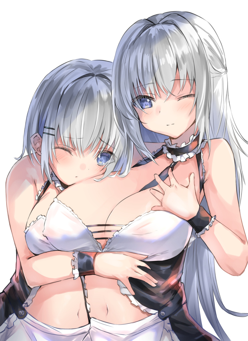 2girls blue_eyes breast_envy breasts highres large_breasts long_hair maid medium_breasts multiple_girls navel one_eye_closed original short_hair silver_hair simple_background tomura2maru very_long_hair white_background