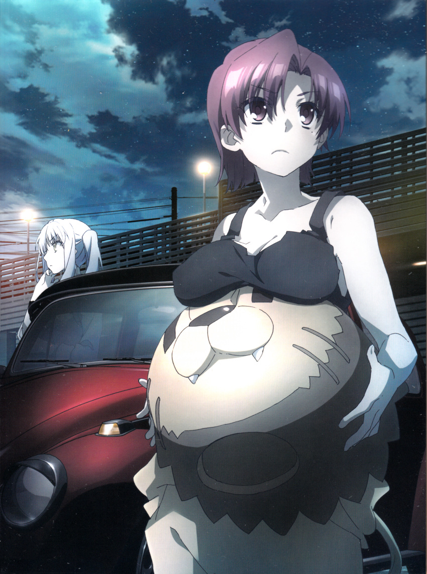 absurdres animal_costume bazett_fraga_mcremitz breast_rest breasts car caren_hortensia city clouds collarbone fate/kaleid_liner_prisma_illya fate_(series) ground_vehicle hand_on_own_cheek highres lamppost mole motor_vehicle night night_sky official_art outdoors redhead scan scan_artifacts scan_dust sky star_(sky) starry_sky