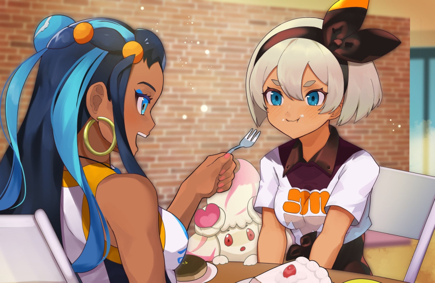 2girls :t alcremie alcremie_(love_sweet) bangs bare_arms bea_(pokemon) black_bodysuit black_hair black_hairband blonde_hair blue_eyes blue_eyeshadow blue_hair blush bodysuit bodysuit_under_clothes bow_hairband cake cake_slice chair closed_mouth collared_shirt commentary_request dark_skin earrings eating eye_contact eyelashes eyeshadow food food_on_face fork gen_8_pokemon gym_leader hair_between_eyes hairband highres holding holding_fork hoop_earrings jewelry katwo long_hair looking_at_another makeup multiple_girls nail_polish necklace nessa_(pokemon) open_mouth pink_nails plate pokemon pokemon_(creature) pokemon_(game) pokemon_swsh print_shirt shirt short_hair short_sleeves sitting smile table teeth tied_shirt