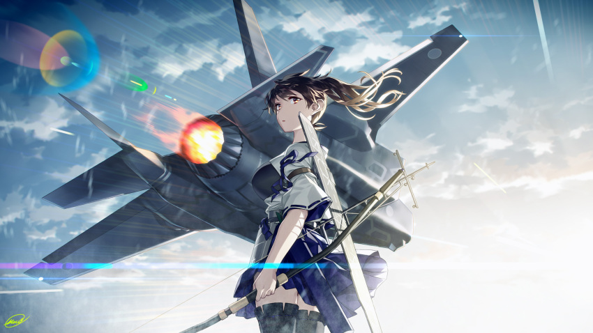 1girl blew_andwhite blue_hakama blue_sky bow_(weapon) breasts brown_eyes brown_hair commentary_request flight_deck from_side gloves hakama hakama_skirt highres holding holding_weapon japanese_clothes kaga_(kantai_collection) kantai_collection large_breasts long_hair long_sleeves looking_at_viewer muneate outdoors parted_lips partially_fingerless_gloves quiver side_ponytail signature single_glove sky solo tasuki thigh-highs weapon