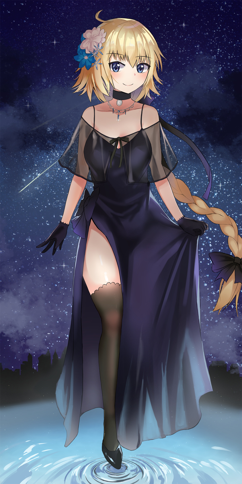 1girl bare_shoulders black_bow black_dress black_footwear black_gloves black_legwear blonde_hair blue_eyes blush boo_iro bow braid collarbone dress dress_lift eyebrows_visible_through_hair fate/grand_order fate_(series) flower gloves hair_bow hair_flower hair_ornament heroic_spirit_formal_dress highres jeanne_d'arc_(fate) jeanne_d'arc_(fate)_(all) long_braid long_dress long_hair low-tied_long_hair night night_sky pantyhose side_slit single_braid sky smile solo thigh-highs thighs very_long_hair water