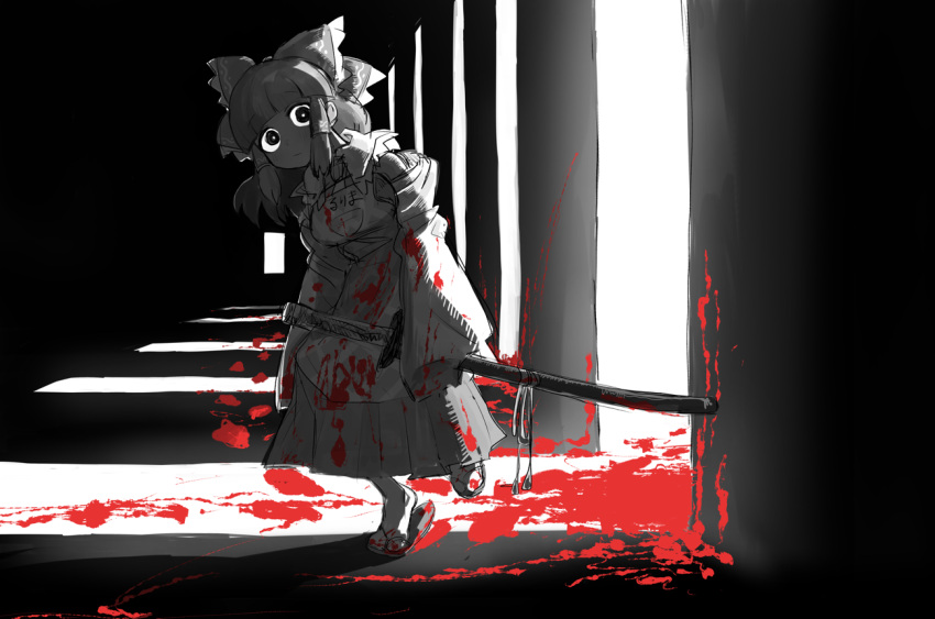 1girl apron arms_at_sides ascot bangs bare_shoulders black_eyes blood bloody_clothes bloody_weapon blunt_bangs bow closed_mouth collared_shirt commentary_request cookie_(touhou) detached_sleeves eyebrows_visible_through_hair frilled_bow frilled_shirt_collar frills full_body greyscale haburashi hair_between_eyes hair_bow hair_tubes hakurei_reimu head_tilt holding holding_sword holding_weapon katana looking_at_viewer medium_hair monochrome nontraditional_miko ribbon-trimmed_sleeves ribbon_trim rurima_(cookie) sandals shirt sidelocks sleeveless sleeveless_shirt sleeves_past_fingers sleeves_past_wrists socks solo spot_color standing sword touhou walking weapon