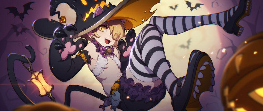 1girl absurdres bat bell blonde_hair blurry blurry_background blurry_foreground breasts cat_tail daye_bie_qia_lian earrings elbow_gloves eyebrows_visible_through_hair fangs full_moon gloves hair_over_one_eye hat highres horizontal_stripes huge_filesize jack-o'-lantern jewelry jingle_bell lantern looking_at_viewer moon open_mouth original paw_gloves paws short_hair shorts slit_pupils small_breasts solo striped tail thigh-highs witch_hat yellow_eyes