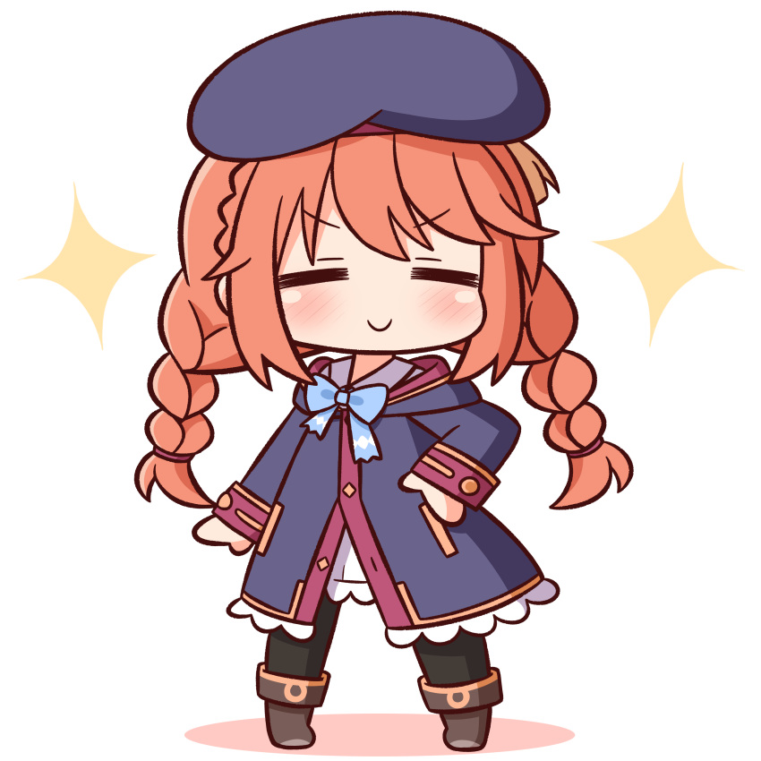 &gt;:) 1girl =_= absurdres bangs beret blue_bow blue_coat blue_headwear blush bow braid brown_hair chibi closed_eyes closed_mouth coat collared_dress colored_shadow commentary_request dress eyebrows_visible_through_hair full_body hana_kazari hand_on_hip hat highres hood hood_down hooded_coat long_hair long_sleeves princess_connect! princess_connect!_re:dive shadow smile solo sparkle standing twin_braids twintails v-shaped_eyebrows white_background white_dress yuni_(princess_connect!)