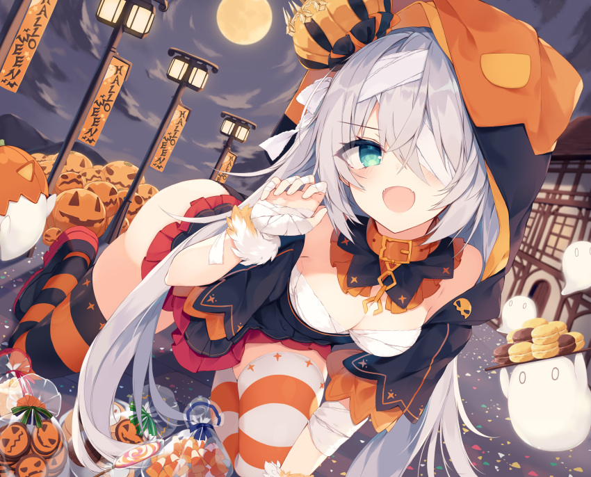 1girl absurdres all_fours bandage_over_one_eye bandaged_arm bandaged_hand bandaged_head bandages bare_shoulders blush breasts candy cropped_jacket dress food ghost hair_between_eyes hair_ornament halloween hand_up highres hood hooded_jacket jack-o'-lantern jacket leather_collar long_hair looking_at_viewer nibiiro_shizuka open_mouth original shoes small_breasts smile solo striped striped_legwear thigh-highs wrist_cuffs