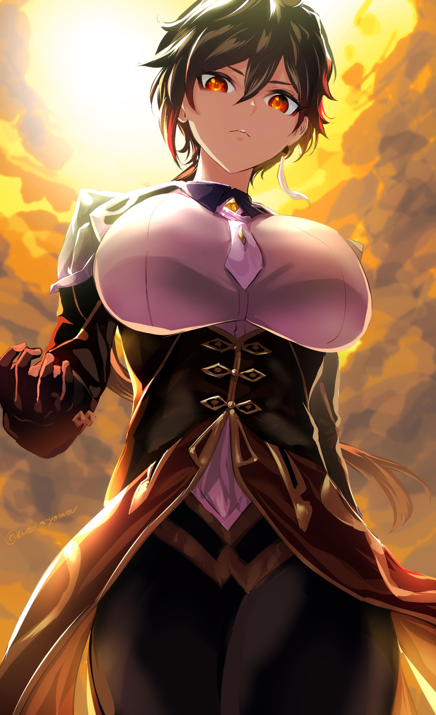 1girl absurdres arm_behind_back backlighting bangs black_hair breasts closed_eyes closed_mouth clouds cloudy_sky collared_shirt cowboy_shot earrings expressionless formal from_below genderswap genderswap_(mtf) genshin_impact hair_between_eyes hand_up highres impossible_clothes impossible_shirt jacket jewelry large_breasts long_hair long_sleeves looking_at_viewer multicolored_hair necktie outdoors pants parted_bangs ponytail red_eyes redhead shirt single_earring sky solo suit tassel tassel_earrings twilight uenoryoma very_long_hair zhongli_(genshin_impact)
