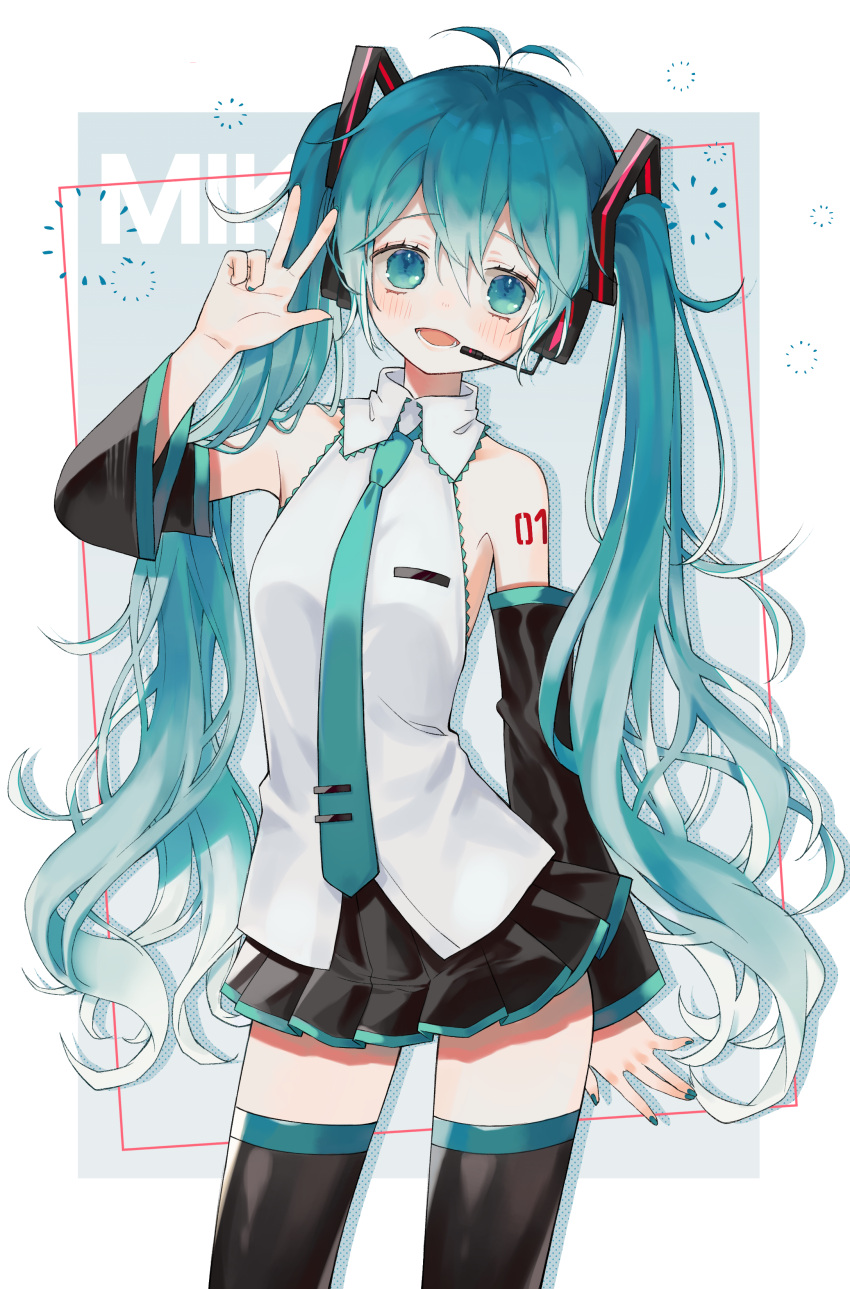 1girl absurdres arm_tattoo bizet blue_eyes blue_hair blue_neckwear character_name commentary detached_sleeves hatsune_miku headset highres looking_at_viewer necktie open_mouth solo tattoo twintails v vocaloid