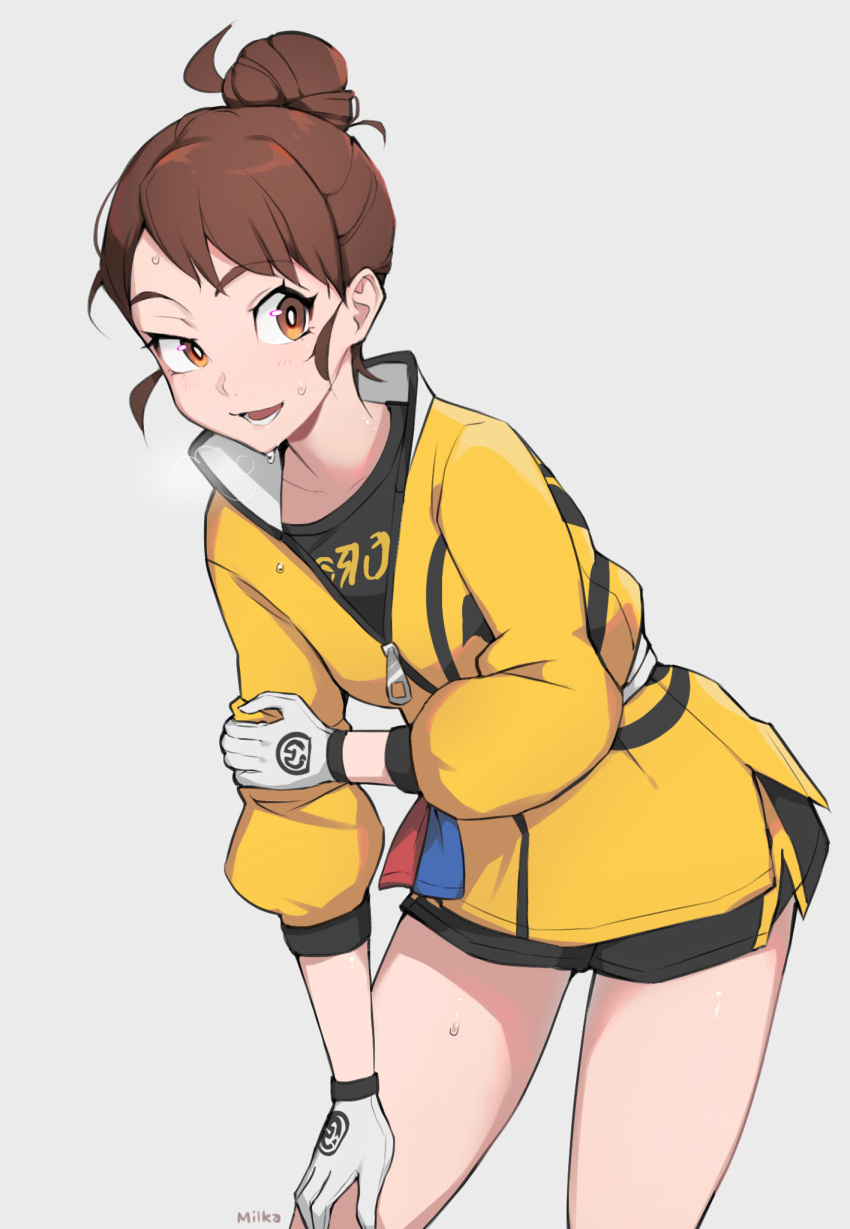 1girl bangs black_shirt brown_hair commentary gloria_(pokemon) gloves grey_background hair_bun highres jacket leaning_forward looking_to_the_side master_dojo_uniform milka_(milk4ppl) open_mouth pokemon pokemon_(game) pokemon_swsh shirt short_hair shorts side_slit side_slit_shorts solo sweat teeth tongue white_gloves yellow_jacket zipper_pull_tab
