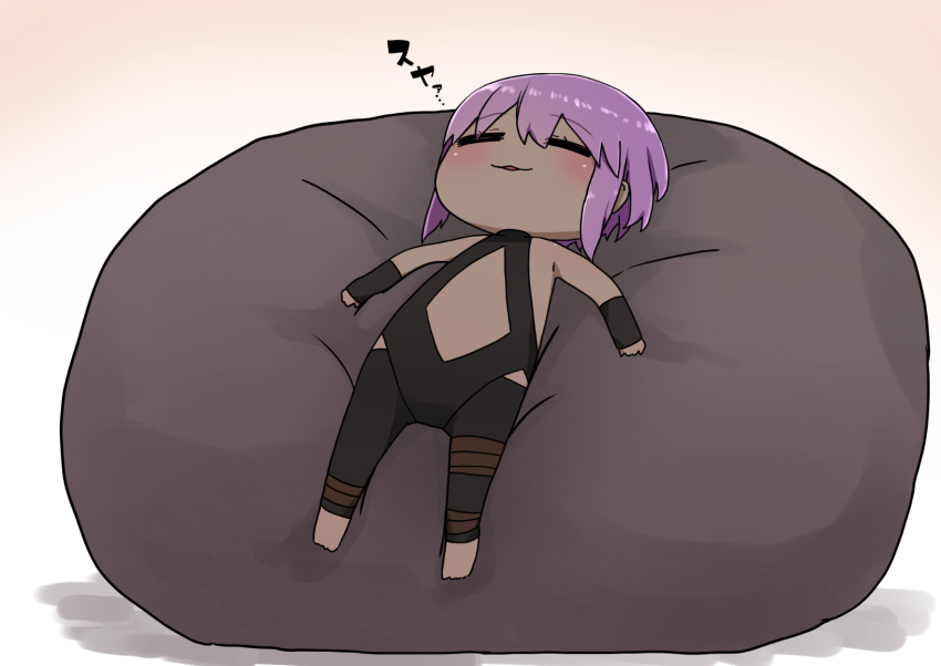 1girl bangs bare_shoulders barefoot black_bodysuit blush bodysuit chibi closed_eyes dark_skin eyebrows_visible_through_hair fate/prototype fate/prototype:_fragments_of_blue_and_silver fate_(series) full_body hair_between_eyes hassan_of_serenity_(fate) highres i.u.y lying on_back parted_lips purple_hair short_hair sleeping solo translation_request