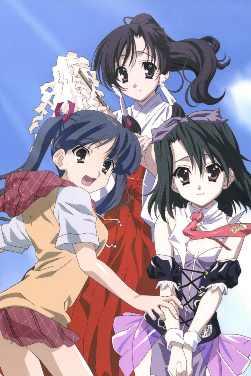 3girls absurdres ashikaga_inori black_hair blue_hair clouds cowboy_shot dark_green_hair from_behind highres japanese_clothes katsura_kotonoha kiyoura_setsuna light_rays looking_at_viewer looking_to_the_side miko multiple_girls name_tag necktie official_art plaid plaid_skirt ponytail purple_skirt red_neckwear red_skirt scan school_days shiny_days skirt sky twintails
