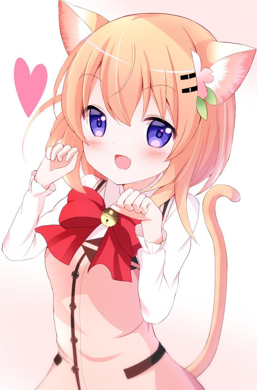 1girl absurdres animal_ears bell bow cat_ears cat_tail eins_9 fang flower gochuumon_wa_usagi_desu_ka? hair_flower hair_ornament highres hoto_cocoa looking_at_viewer open_mouth orange_hair paw_pose pink_background rabbit_house_uniform red_bow short_hair simple_background smile solo tail violet_eyes