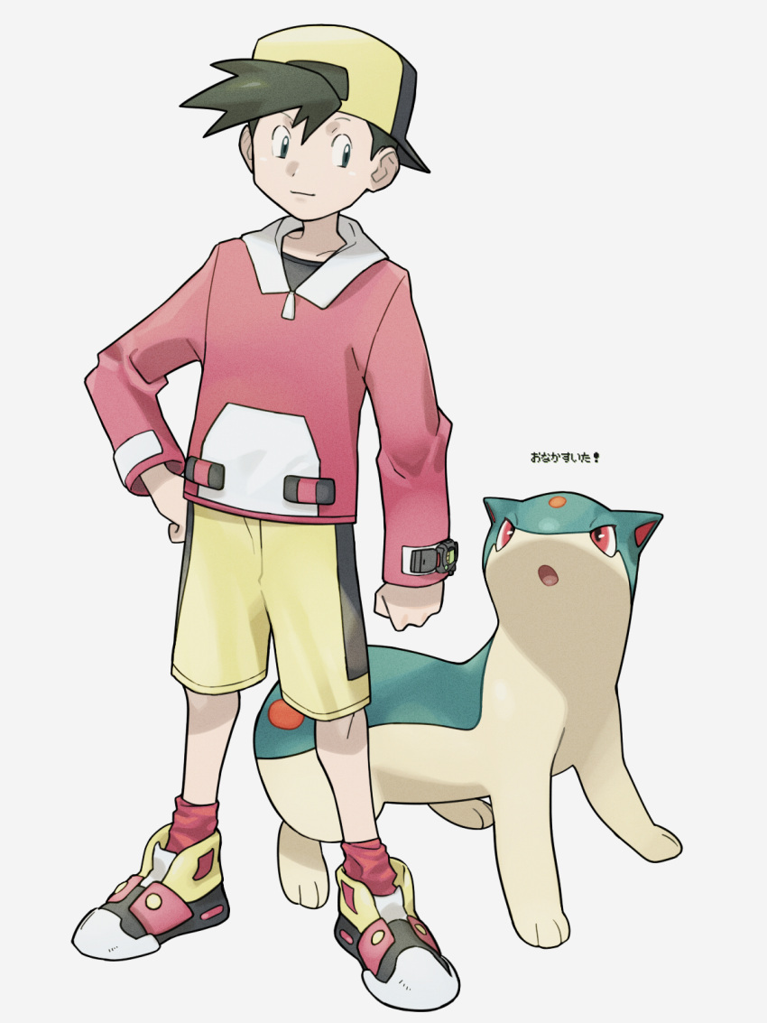 1boy backwards_hat baseball_cap black_hair black_shirt closed_mouth commentary_request donnpati ethan_(pokemon) gen_2_pokemon hand_on_hip hat highres knees long_sleeves male_focus pokemon pokemon_(creature) pokemon_(game) pokemon_gsc quilava red_legwear shirt shoes shorts socks standing translation_request white_background yellow_shorts