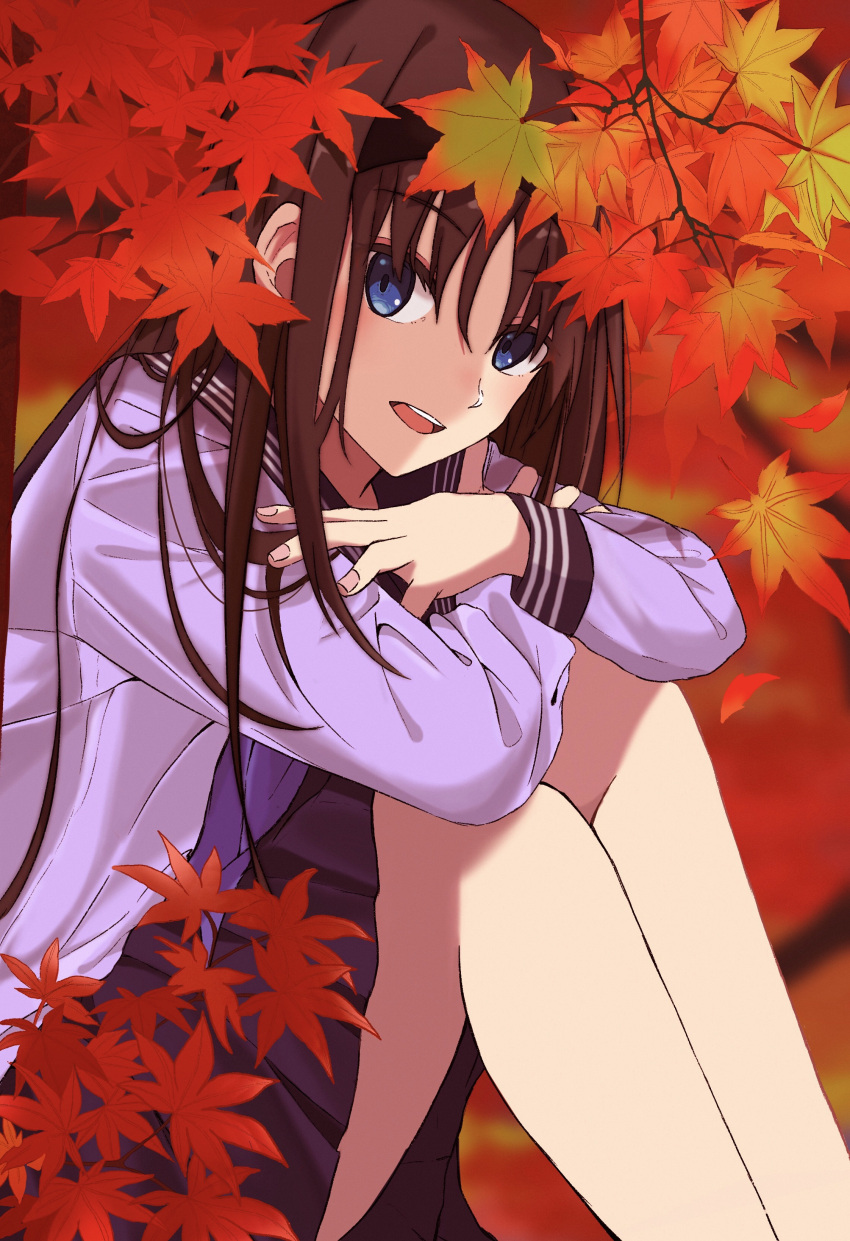 1girl :d absurdres autumn autumn_leaves bangs black_hairband black_sailor_collar black_skirt blue_eyes blurry blurry_background brown_hair cropped_arms eyebrows_visible_through_hair hair_between_eyes hairband highres leaf long_hair long_sleeves looking_at_viewer maple_leaf miniskirt open_mouth pikaremon pleated_skirt sailor_collar sailor_shirt school_uniform serafuku shiny shiny_hair shirt sitting skirt smile solo tohno_akiha tsukihime very_long_hair white_shirt