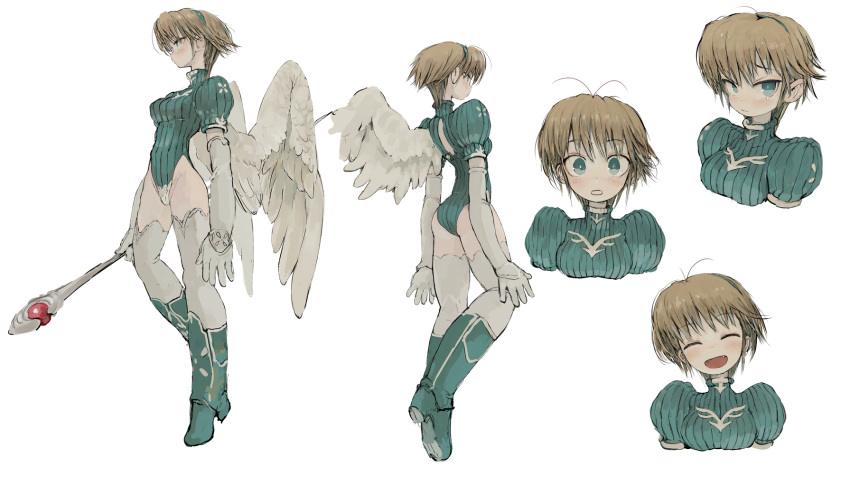 1girl :d angel_wings ass blonde_hair blue_footwear blue_leotard boots character_name closed_mouth contrapposto ebimomo fangs feathered_wings full_body hairband head_tilt high_heel_boots high_heels highleg highleg_leotard highres holding holding_staff juliet_sleeves leotard long_sleeves looking_at_viewer multiple_views open_mouth parted_lips puffy_short_sleeves puffy_sleeves short_hair short_sleeves simple_background smile staff standing stones_of_dragon thigh-highs tsubasa_(stones_of_dragon) white_background white_legwear white_wings wide-eyed wings