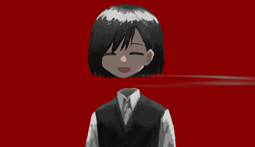 1girl bangs black_hair black_vest closed_eyes collared_shirt disembodied_head floating_head highres nowoka open_mouth original red_background shirt short_hair simple_background smile solo upper_body vest white_shirt