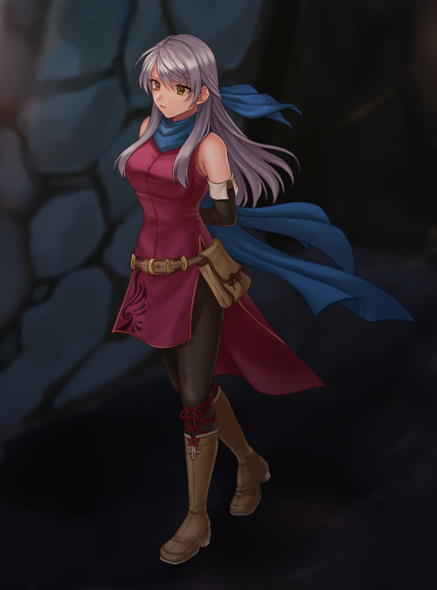 1girl absurdres arms_behind_back bangle bare_shoulders belt black_gloves black_legwear blue_scarf blurry blurry_background boots bracelet commission depth_of_field dress elbow_gloves eyebrows_visible_through_hair fire_emblem fire_emblem:_radiant_dawn full_body gloves hair_ribbon half_updo hazuki_(nyorosuke) highres jewelry long_hair micaiah_(fire_emblem) out_of_frame pantyhose ribbon scarf serious side_slit silver_hair skeb_commission sleeveless sleeveless_dress solo yellow_eyes