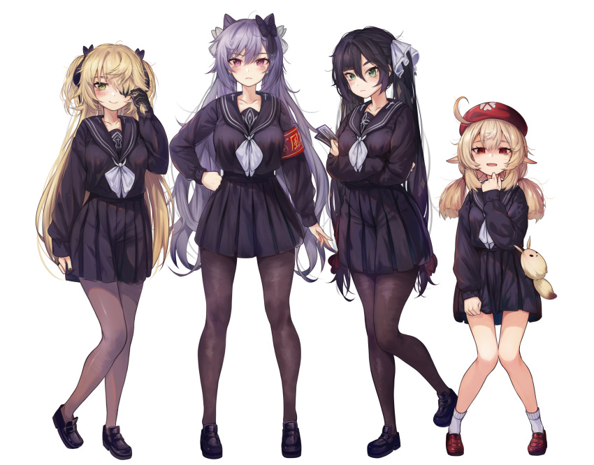 4girls absurdres ahoge alternate_costume arm_at_side armband bangs black_bow black_footwear black_gloves black_hair black_serafuku black_shirt black_skirt blonde_hair blush bow breast_hold breasts brown_legwear card commentary_request double_bun eyepatch fischl_(genshin_impact) full_body genshin_impact gloves green_eyes hair_bow hair_ornament hand_on_hip hand_up hat highres holding holding_card holding_hair keqing_(genshin_impact) klee_(genshin_impact) large_breasts loafers long_hair looking_at_viewer md5_mismatch medium_breasts mona_(genshin_impact) multiple_girls neckerchief open_mouth pantyhose partially_fingerless_gloves pleated_skirt pointy_ears purple_hair red_eyes red_headwear revision sailor_collar school_uniform serafuku shaded_face shirt shoes simple_background single_glove skirt skirt_hold smile socks stuffed_animal stuffed_toy torriet twintails two_side_up violet_eyes white_background