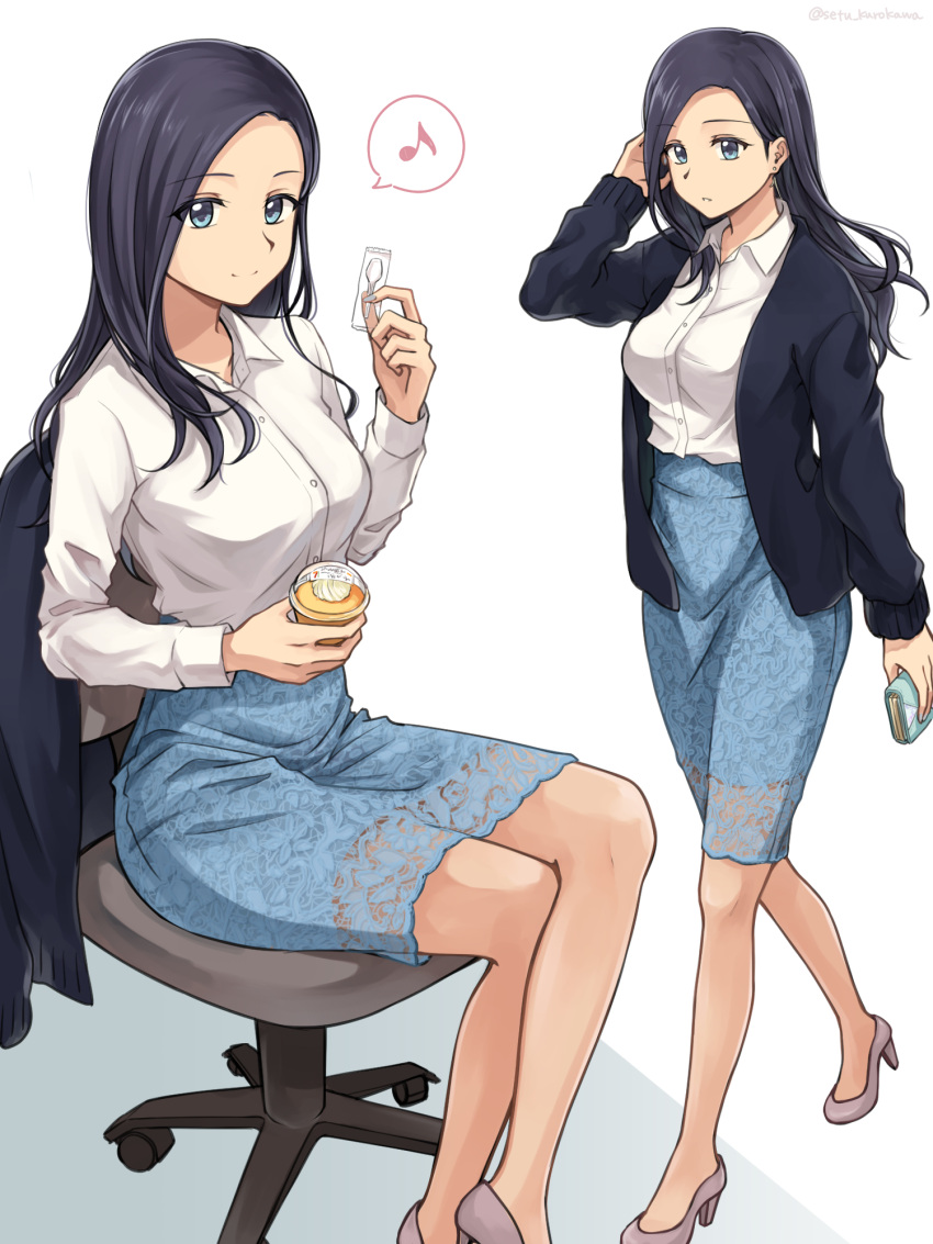 1girl bag black_hair blazer blue_eyes blue_skirt brown_footwear cardigan collared_shirt commentary_request crossed_legs dress_shirt food handbag high_heels highres holding holding_spoon jacket long_hair office_lady original pantyhose pencil_skirt setu_kurokawa shirt shirt_tucked_in sitting skirt spoon walking white_background white_shirt