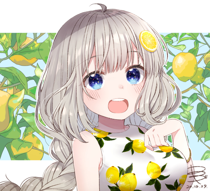 1girl ahoge bangs blue_eyes blunt_bangs braid breasts dated food food_themed_hair_ornament fruit hair_ornament hand_on_own_chest kizuna_akari leaf lemon lemon_hair_ornament lemon_print light_blush long_hair looking_at_viewer medium_breasts open_mouth shirt signature silver_hair skskjogio2444 sleeveless sleeveless_shirt smile solo sparkling_eyes tree tree_branch twin_braids upper_body voiceroid white_shirt