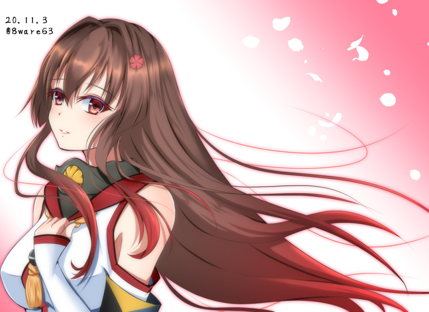 1girl alternate_hairstyle breasts brown_hair cherry_blossoms detached_sleeves flower hachiware_(8ware63) hair_down hair_flower hair_ornament kantai_collection long_hair long_sleeves medium_breasts red_eyes shirt sidelocks smile solo upper_body white_shirt white_sleeves yamato_(kantai_collection) z_flag