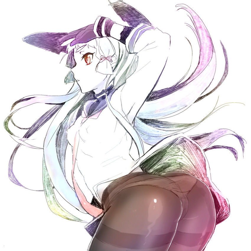 1girl dress gradient_hair hair_ribbon headgear highres kantai_collection long_hair minatasiro multicolored_hair murakumo_(kantai_collection) orange_eyes panties panties_under_pantyhose pantyhose pantyshot ribbon sailor_dress sidelocks sketch solo thighband_pantyhose tress_ribbon underwear very_long_hair white_hair