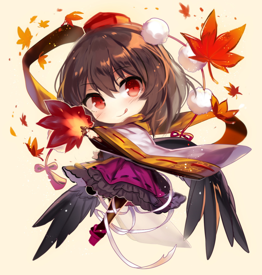 1girl :q autumn_leaves bangs black_hair black_legwear black_wings blush brown_background brown_scarf chibi closed_mouth commentary_request eyebrows_visible_through_hair fan feathered_wings frilled_skirt frills full_body fuupu geta hair_between_eyes hat highres holding holding_fan leaf leaf_fan long_sleeves looking_at_viewer low_wings maple_leaf mini_hat pantyhose pom_pom_(clothes) purple_footwear purple_skirt red_eyes red_headwear ribbon ribbon-trimmed_skirt ribbon-trimmed_sleeves ribbon_trim scarf shameimaru_aya simple_background skirt smile solo tengu-geta tokin_hat tongue tongue_out touhou v-shaped_eyebrows white_ribbon wide_sleeves wings