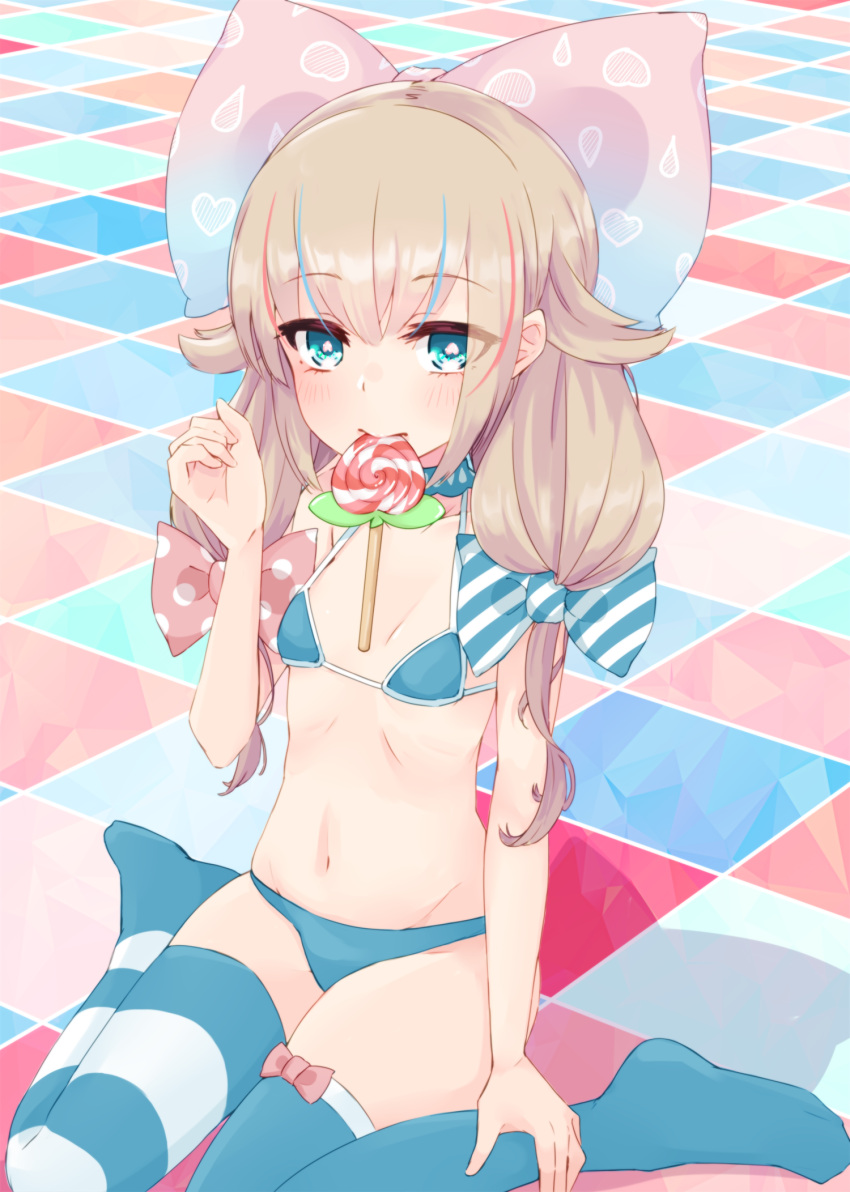 1girl alakoala bikini blue_bikini blue_eyes blue_legwear bow breasts candy checkered checkered_floor food hair_bow highres knees_together_feet_apart lollipop long_hair mismatched_legwear mouth_hold navel original pink_hair ribbon sitting small_breasts solo striped striped_legwear swimsuit thigh-highs twintails