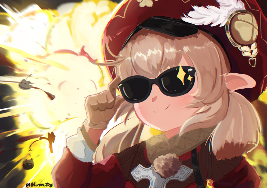 1girl adjusting_eyewear artist_name blonde_hair bomb charm_(object) clover genshin_impact gloves hat hat_feather highres hottodg klee_(genshin_impact) pointy_ears smile sparkle sunglasses