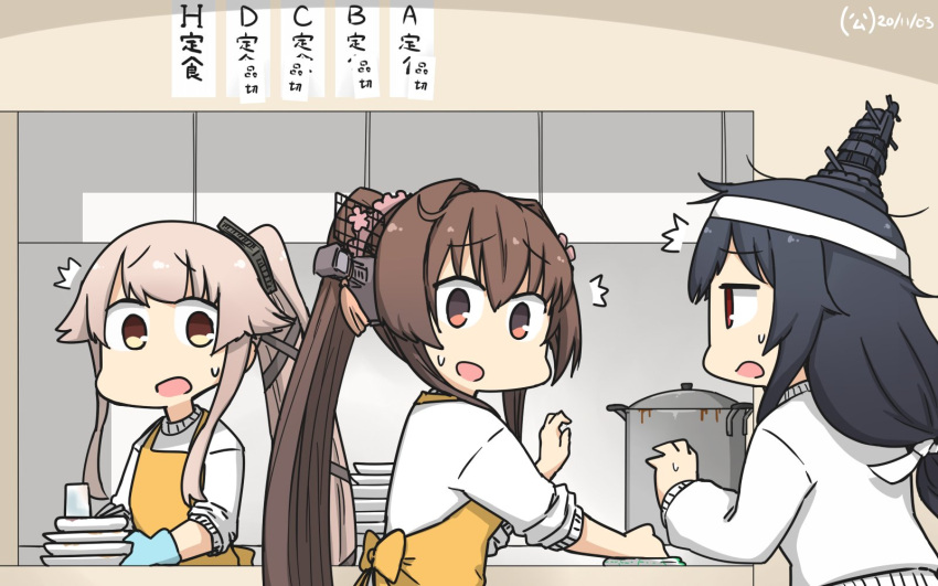 /\/\/\ 3girls alternate_costume alternate_hair_length alternate_hairstyle apron black_hair brown_eyes brown_hair cherry_blossoms commentary_request dated flower gloves hair_flower hair_ornament hamu_koutarou headband headgear highres kantai_collection long_hair low-tied_long_hair multiple_girls pink_hair ponytail pot red_eyes rubber_gloves sign sleeves_rolled_up sweatdrop sweater translation_request very_long_hair white_headband white_sweater yamashiro_(kantai_collection) yamato_(kantai_collection) yellow_apron yura_(kantai_collection)