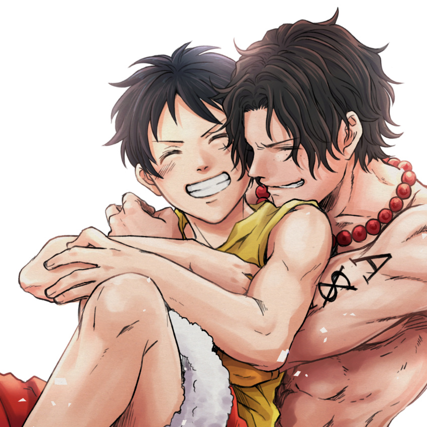 2boys ^_^ backlighting bead_necklace beads black_hair blush closed_eyes freckles highres hug hug_from_behind jewelry male_focus monkey_d_luffy multiple_boys necklace one_piece portgas_d_ace shirtless short_hair shoulder_tattoo sleeveless smile tattoo teeth warori_anne white_background