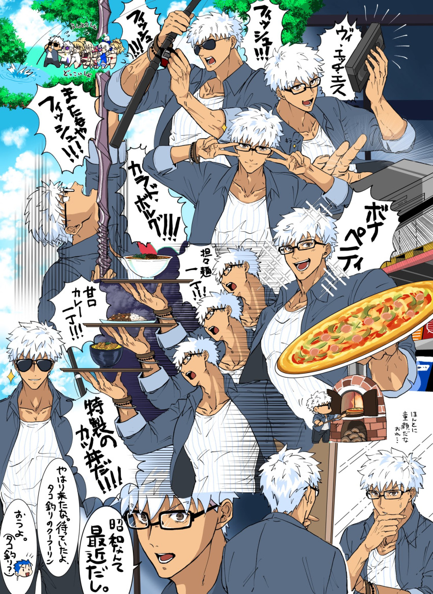 3boys 5girls archer arrow_(projectile) bracelet chibi commentary_request cooking cu_chulainn_(fate)_(all) curry curry_rice dark_skin eastern_socialite_attire fate/grand_order fate_(series) fishing_rod food gao_changgong_(fate) glasses highres hourinoki illyasviel_von_einzbern illyasviel_von_einzbern_(swimsuit_archer)_(fate) jeanne_d'arc_(alter_swimsuit_berserker) jeanne_d'arc_(fate)_(all) jeanne_d'arc_(swimsuit_archer) jewelry mordred_(fate)_(all) mordred_(swimsuit_rider)_(fate) multiple_boys multiple_girls muscle oven pizza reflection rice smile sparkle summer_casual_(fate/grand_order) sunglasses tomoe_gozen_(fate/grand_order) tomoe_gozen_(swimsuit_saber)_(fate) translation_request v videocassette white_hair