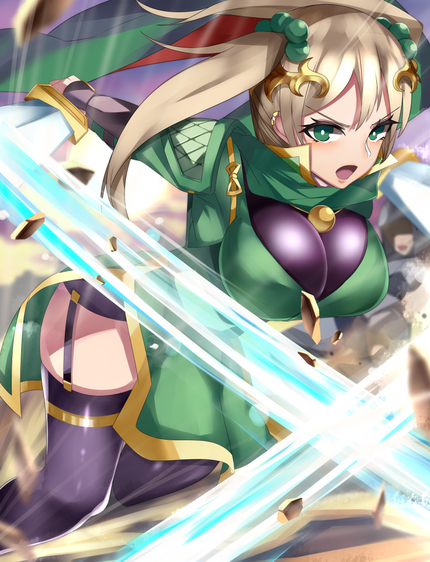 1girl absurdres blonde_hair breasts garter_straps green_eyes guan_yinping highres impossible_clothes impossible_shirt large_breasts open_mouth shin_sangoku_musou shirt slashing sword tagme tea_texiamato thigh-highs twintails weapon