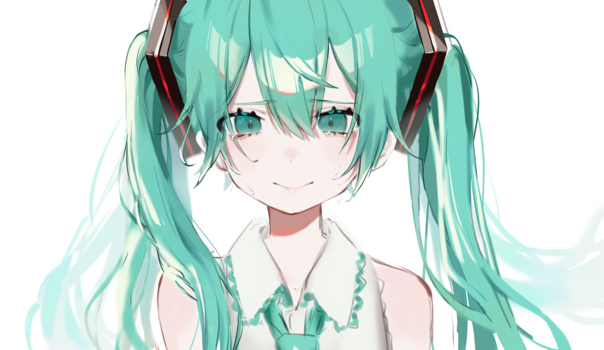 1girl aqua_eyes aqua_hair bangs bizet close-up hatsune_miku highres looking_at_viewer sad solo tears twintails vocaloid white_background