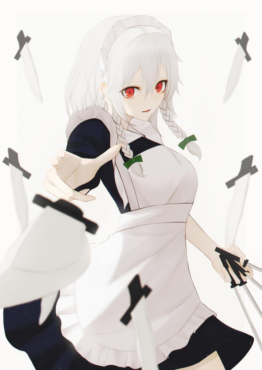 1girl albino apron arm_at_side bangs between_fingers black_dress blue_dress bow braid commentary cowboy_shot dress fingernails foreshortening frilled_apron frills green_bow grey_background hair_between_eyes hair_bow headdress highres holding holding_knife incoming_attack izayoi_sakuya knife knives_between_fingers long_fingernails looking_at_viewer maid_apron maid_headdress medium_hair outstretched_arm parted_lips pointing pointing_at_viewer puffy_short_sleeves puffy_sleeves red_eyes sharp_fingernails short_sleeves sidelocks silver_hair simple_background solo thomas_8000 touhou twin_braids weapon white_apron white_background white_hair