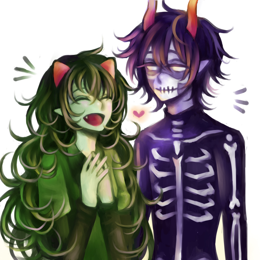 1boy 1girl alien blank_eyes closed_eyes couple facepaint green_hair green_shirt heart highres homestuck horns kurloz_makara long_hair meulin_leijon open_mouth orange_horns own_hands_clasped own_hands_together purple_hair shirt simple_background skeleton_costume smile stitched_mouth stitches troll_(homestuck) white_background yumi_(monorhapsody)