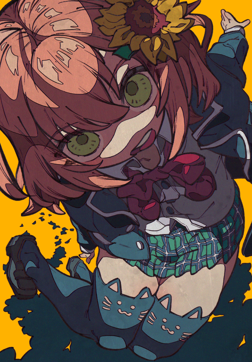 1girl absurdres animal_band_legwear bangs black_footwear blue_jacket blue_legwear bow bowtie buttons cat_band_legwear collared_shirt dress_shirt eyebrows_visible_through_hair eyes_visible_through_hair flower green_eyes hair_between_eyes hair_flower hair_ornament highres honma_himawari huge_filesize jacket leaf loafers long_sleeves miniskirt necktie nijisanji no_nose open_clothes open_jacket orange_hair plaid plaid_skirt pleated_skirt red_bow red_neckwear shirt shoes short_hair skirt solo sunflower sunflower_hair_ornament thigh-highs thighs virtual_youtuber white_shirt yaya_hiyayaka yellow_background yellow_flower zettai_ryouiki