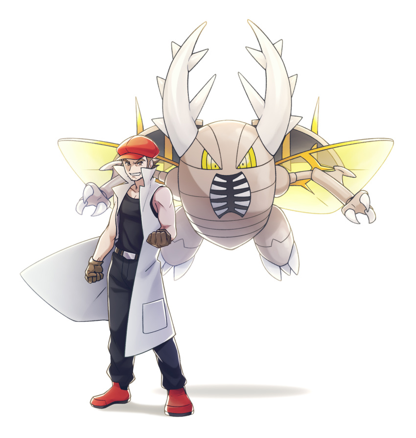 1boy belt belt_buckle black_shirt brown_gloves brown_hair buckle clenched_hand coat commentary_request gen_1_pokemon gloves hat highres lobolobo2010 looking_at_viewer male_focus mega_pinsir mega_pokemon noland_(pokemon) pants pinsir pokemon pokemon_(creature) pokemon_(game) pokemon_emerald pokemon_rse red_footwear red_headwear shirt shoes sleeveless_coat smile standing