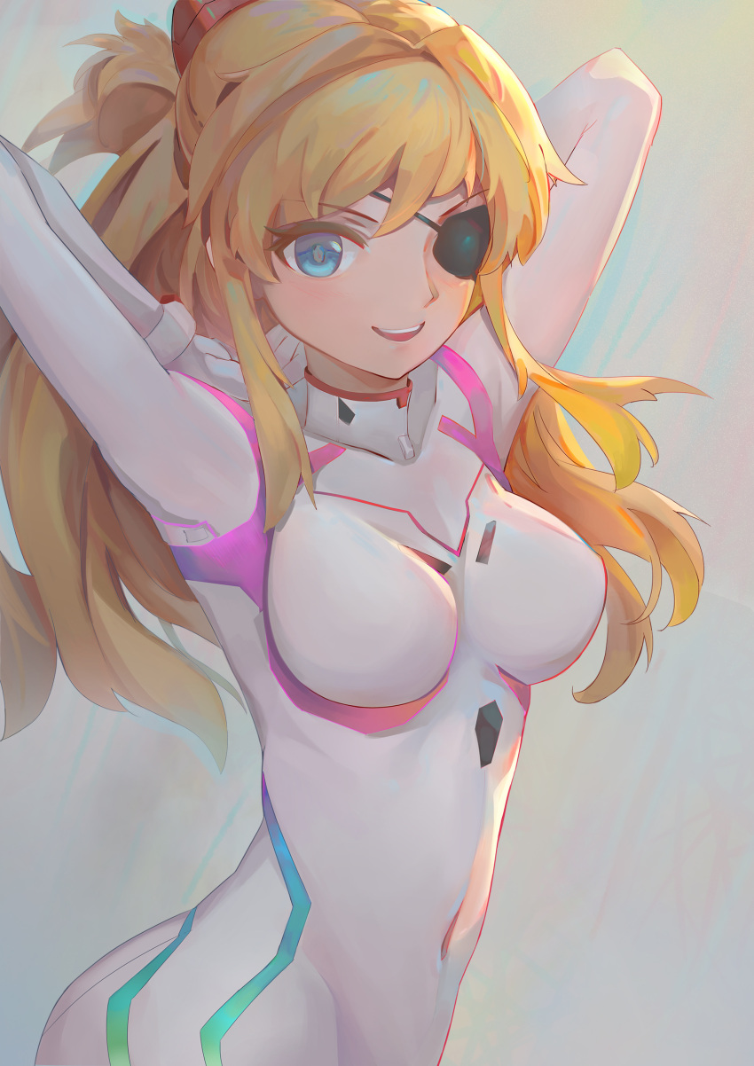 1girl absurdres armpits arms_up blonde_hair blue_eyes bodysuit breasts covered_navel evangelion:_3.0+1.0_thrice_upon_a_time eyepatch grey_background highres kiiro_kimi long_hair looking_at_viewer medium_breasts neon_genesis_evangelion open_mouth rebuild_of_evangelion shikinami_asuka_langley skin_tight smile solo souryuu_asuka_langley white_bodysuit