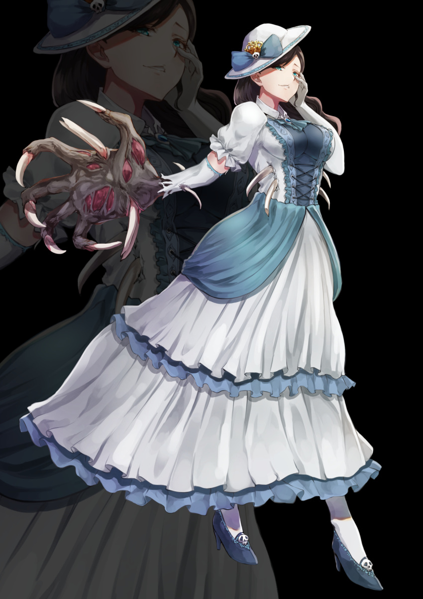 1girl 2ch bangs black_background blue_bow blue_dress blue_footwear bone bow brown_hair claws commentary_request creature cross-laced_clothes detached_sleeves dress frills full_body gloves hand_on_own_cheek hasshaku-sama hat high_heels highres jojobirdz long_dress long_hair looking_at_viewer monster_girl multiple_views parted_lips shoes very_long_hair white_dress white_headwear white_legwear white_sleeves