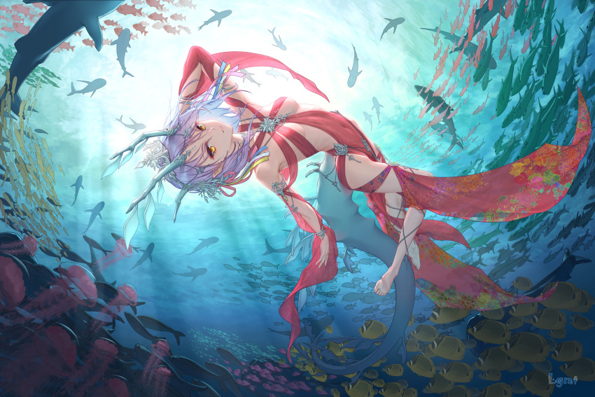 1girl absurdres barefoot bracelet breasts dragon_girl dragon_horns dragon_tail dress fish freediving highres horns houchi_shoujo jellyfish jewelry lgmt light_rays necklace original pendant pointy_ears purple_hair red_dress school_of_fish serious shark sunlight swimming tail under_boob underwater yellow_eyes