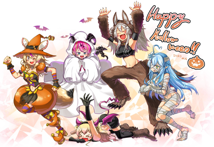 &gt;_&lt; 2020 5girls :d ahoge animal_ears arms_up bandaged_arm bandaged_feet bandaged_hands bandaged_head bandaged_leg bandages bat black_gloves blonde_hair blue_hair blush breasts clothing_cutout demon_tail fake_horns fang flower fox_ears fox_tail ghost_costume gloves green_eyes grey_hair hair_flower hair_ornament halloween_costume happy_halloween hat highres holofive hololive horns horns_through_headwear large_breasts long_hair mano_aloe microphone momosuzu_nene multiple_girls mummy_costume navel navel_cutout omaru_polka one_eye_closed open_mouth pink_hair pointy_ears prehensile_tail shishiro_botan smile standing standing_on_one_leg striped striped_legwear sui_hi_sf tail thigh-highs violet_eyes virtual_youtuber werewolf witch_hat yukihana_lamy