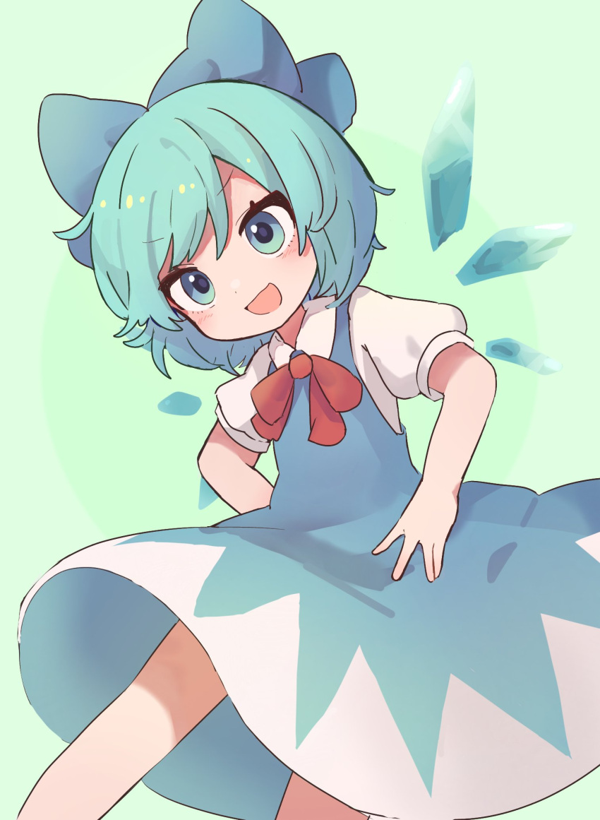 1girl :d ameshi_(rzuw4482) bangs bare_legs blue_bow blue_dress blue_eyes blue_hair blush bow cirno commentary_request dress feet_out_of_frame flat_chest green_background hair_bow hand_on_hip highres ice ice_wings looking_at_viewer open_mouth puffy_short_sleeves puffy_sleeves red_neckwear shirt short_hair short_sleeves smile solo swept_bangs touhou two-tone_background v-shaped_eyebrows white_shirt wings