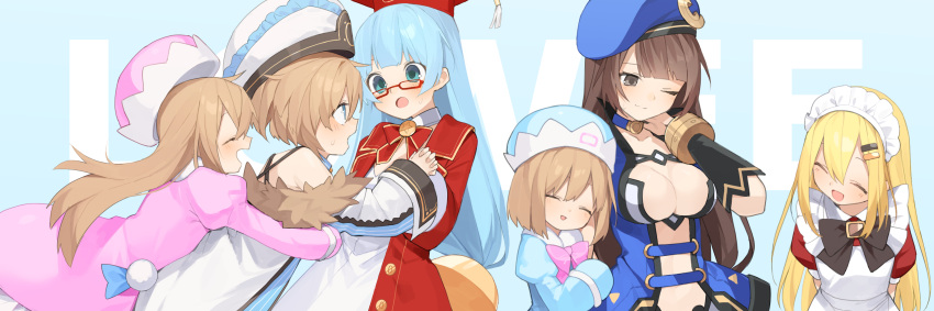 6+girls absurdres back bangs bare_shoulders black_bow black_neckwear blanc blue_bow blue_dress blunt_bangs bow bowtie brown_hair buran_buta c-sha closed_eyes coat dress eye_contact facing_viewer financier from_side fur-trimmed_coat fur_trim hair_between_eyes hands_up happy hat headwear highres holding_hands hug incoming_hug long_sleeves looking_at_another medium_hair multiple_girls neptune_(series) off_shoulder one_eye_closed open_mouth pink_dress puffy_short_sleeves puffy_sleeves ram_(neptune_series) red_bow red_neckwear rom_(neptune_series) short_sleeves siblings sidelocks sisters spaghetti_strap standing swept_bangs twins wide_sleeves